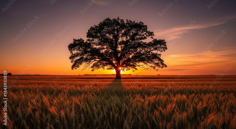 Fototapeta premium Lone tree at sunset in golden field