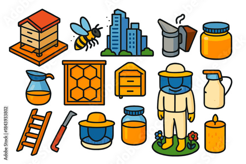 Urban Beekeeping Icons. Isometric vector illustration set Urban Beekeeping: rooftop hive box, buzzing bee, smoker can, urban