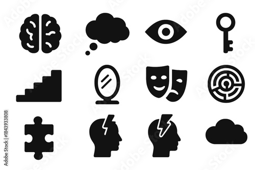 Human Mind Icons. Solid style icons of Human Mind: Brain, Thought Bubble, Eye, Key, Stairs, Mirror, Mask, Labyrinth, Puzzle Piece,