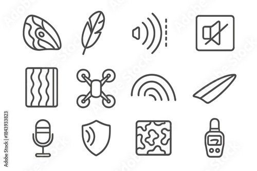 Nature-Inspired Stealth Icons. Line style icons of Nature-Inspired Stealth: Moth Wing, Owl Feather, Sound Absorption, Silent