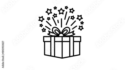 Festive celebration gift box icon with sparkling stars bursting out, symbolizing surprise, happiness, and a special present for joyous events and occasions