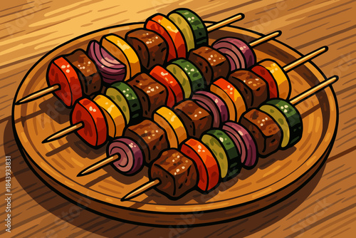 Grilled Skewers Delight. Freshly grilled skewers of vibrant vegetables and meat arranged on a rustic wooden plate, illuminated by