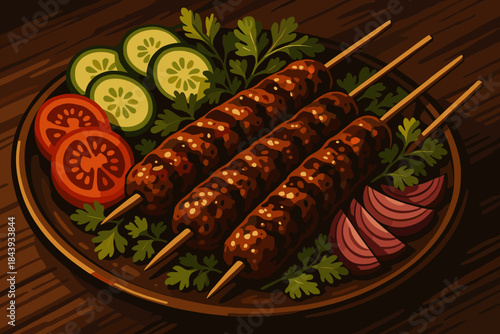 Grilled Kebabs Delight. Juicy grilled kebabs served with fresh vegetables and garnished with herbs, rich vector illustration