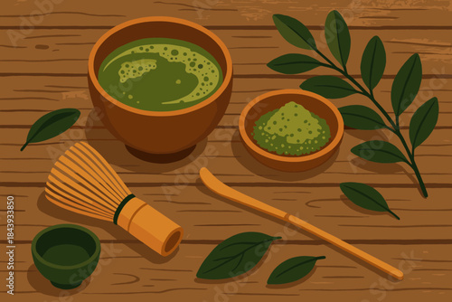 Matcha Tea Ceremony. Rustic wooden table with a vibrant vector illustration matcha tea ceremony setup, earthy tones and inviting