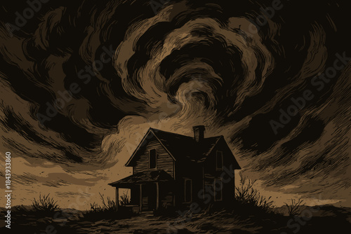 Eerie Storm Over House. Dramatic storm clouds swirling over an abandoned house, muted earthy tones, mysterious and eerie