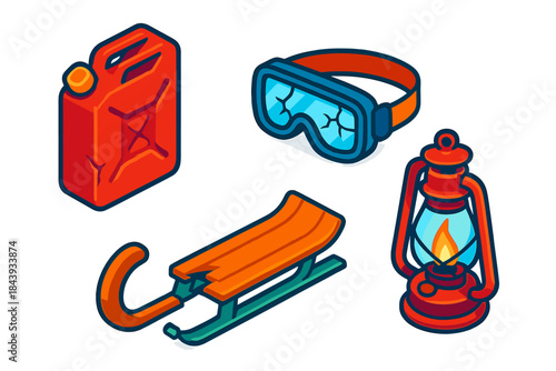Explorer's Tools Illustrated. Isometric vector illustration set Explorer’s Last Tools: Empty fuel canister, cracked snow goggles,
