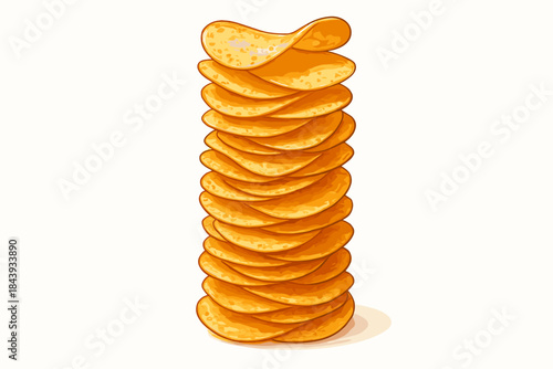 Golden Potato Chips. Towering stack of crispy golden potato chips on a clean white background, sharp textures and warm tones,