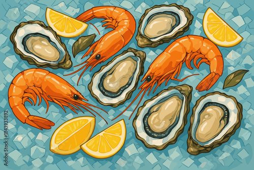 Vibrant Seafood Platter. Vibrant seafood platter with shrimp, oysters, and lemon wedges on crushed vector illustration ice, rich
