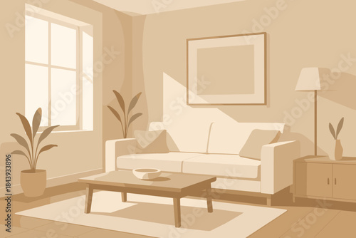 Minimalist Modern Living Room. Minimalist modern living room with clean lines, neutral tones, and vector illustration soft natural