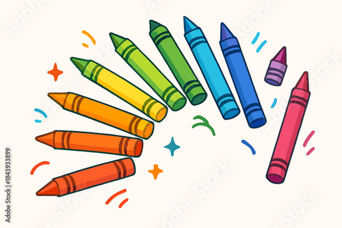 Colorful Crayon Arrangement. Playful rainbow arrangement of colorful crayons on a clean white background, cheerful and dynamic