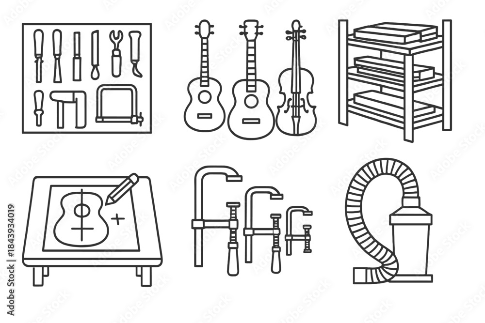 Obraz premium Luthier Workshop Tools. Line style icons of Luthier Workshop: wall of tools, hanging instruments, wood rack, blueprint on table,