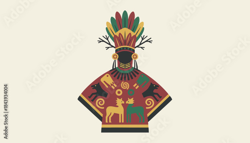 An elaborate headdress made of feathers and twigs resting atop a richly colored outfit that features elaborate d and dynamic designs reflecting local folklore.