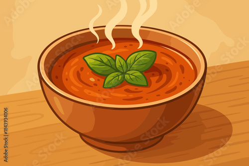 Tomato Soup Delight. Steaming bowl of rich tomato soup garnished with fresh basil leaves, warm natural lighting, inviting and