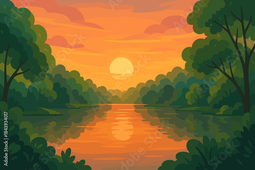 Dreamy Lake Sunset. Dreamy sunset reflecting off a still lake surrounded by vector illustration lush green trees, warm golden