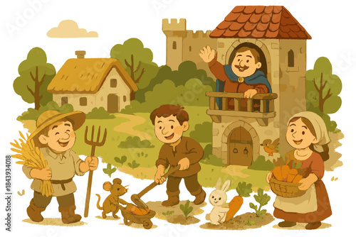 Joyful Feudal Village. Feudal village scene with cheerful farmers, tiny animals helping with crops, and a friendly lord waving