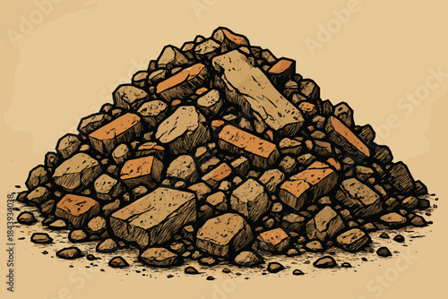 Construction Rubble Heap. Pile of construction rubble with a mix of rocks, bricks, and debris, earthy tones and sharp textures,