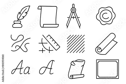 Mapmaking Icons Collection. Line style icons of mapmaking process: quill pen, inkpot, ruler, parchment; divider compass, wax seal,