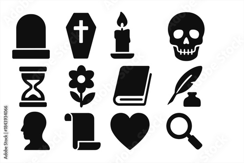 Thanatology Icon Collection. Solid style icons of thanatology and death studies: tombstone, coffin, candle, skull, hourglass,