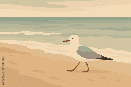 Seagull on Tranquil Beach. Lone seagull walking along a sandy beach with soft ocean waves in the background, muted natural tones,
