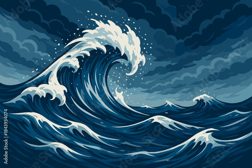 Dramatic Ocean Waves. Dynamic image of crashing vector illustration ocean waves under a stormy sky, dramatic blue and white tones,