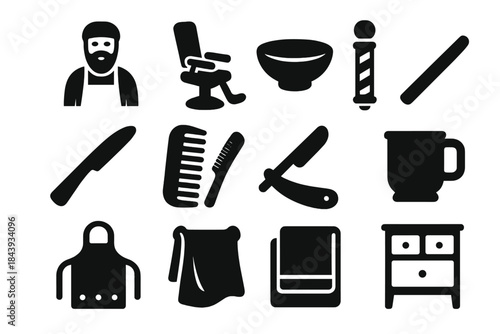 Historical Dental Icons. Solid style icons of Historical Dental Practice: Barber-Surgeon, Chair, Basin, Pole, Knife, Comb, Razor,