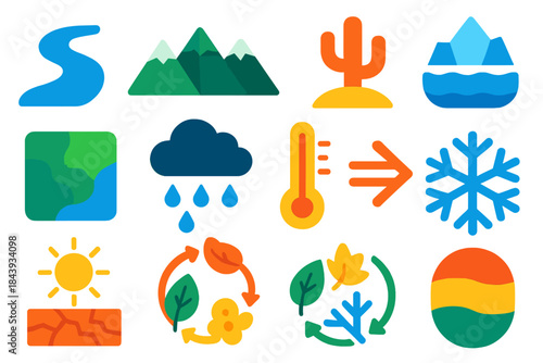 Continental Climate Icons. Flat vector icons of continental climate indicators: river icon, mountain range, desert symbol, glacier
