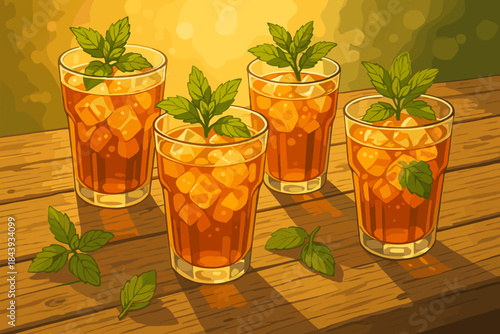 Summer Iced Tea. Rustic wooden table set with glasses of iced tea garnished with fresh mint vector illustration leaves,