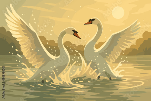 Swans in Golden Lake. Dynamic shot of swans splashing in a calm lake under golden sunlight, natural vector illustration and serene