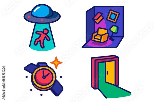 Abduction Symbols Collection. Isometric vector illustration set Abduction Scenario Symbols: Tractor beam pulling figure, floating