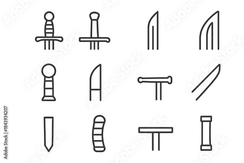 Blade Anatomy Icons. Line style icons of blade anatomy: hilt, guard, blade edge, fuller; pommel, ricasso, quillon, tip; tang, grip