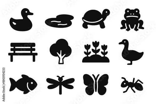 Park Life Icons. Solid style icons of Park Life: Duck, Pond, Turtle, Frog, Bench, Tree, Flower Bed, Goose, Fish, Dragonfly,