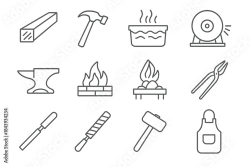 Metalworking Tool Icons. Line style icons of Metalworking: Steel Bar, Hammer, Water Bath, Grinding Stone; Anvil, Forge Fire, Tongs