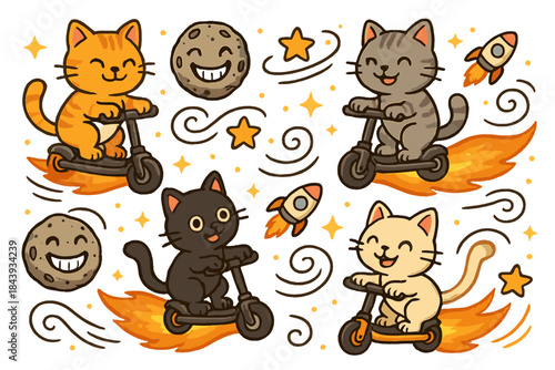 Cats on Meteor Scooters. Cats riding meteor scooters with grinning asteroids, swirling stars, and happy rocket trails No text, No