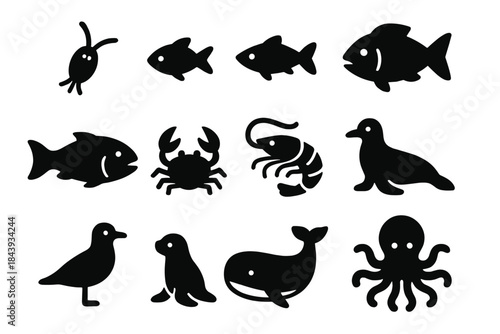 Aquatic Food Chain Icons. Solid style icons of Aquatic Food Chain: Plankton, Small Fish, Medium Fish, Large Fish, Crab, Shrimp,