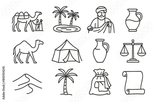 Ancient Commerce Icons. Line style icons of Ancient Commerce: Caravan, Oasis, Silk Merchant, Trade Goods; Camel, Tent, Water Jar,
