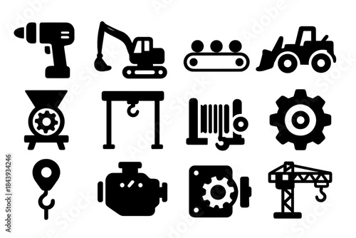 Heavy Equipment Icons. Solid style icons of Heavy Equipment: Drill Machine, Excavator, Conveyor Belt, Loader, Crusher, Hoist,