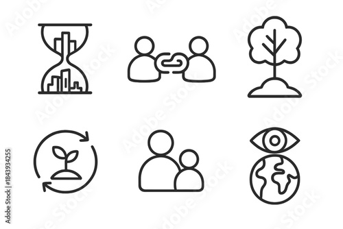 Long-Term Thinking Icons. Line style icons of Long-Term Thinking: hourglass with skyline, intergenerational link, far future tree,