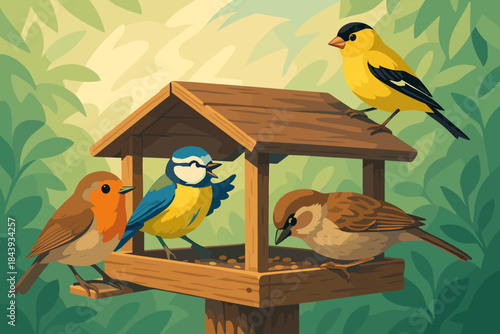 Morning Bird Gathering. Playful birds perched on a rustic wooden feeder under vector illustration soft morning light, vibrant and