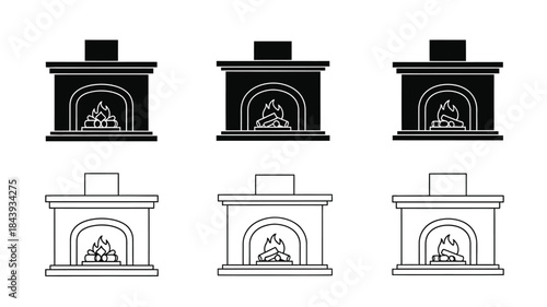 Black and white fireplace icons showing different styles and outlines