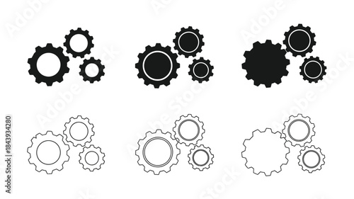 Black and white illustration of interconnected gears in varying styles