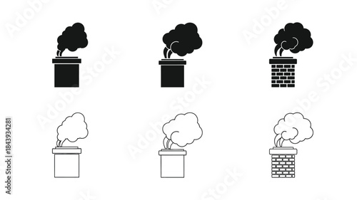 Simple illustrations of chimneys with smoke black and white outline variations
