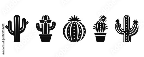 Black cactus icon set with different desert plants. Tall saguaro cactus, potted cactus, round barrel cactus, spiky succulents and blooming details. Clean vector silhouettes isolated. 