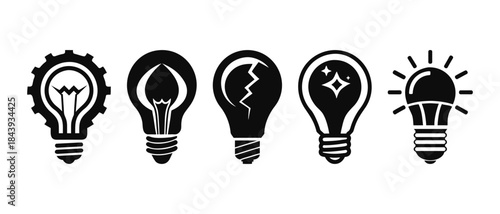 Creative light bulb idea icon set in black silhouette style. Multiple bulb shapes with filament, rays, cracks, glow lines and symbols. Minimal vector icons isolated on white background, no background.