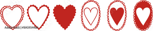 Red lace hearts valentines frames set romantic decorative vintage hand drawn love shapes isolated on transparent background