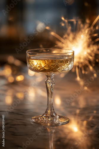 Crystal coupe with champagne liquid and gentle sparkler glow