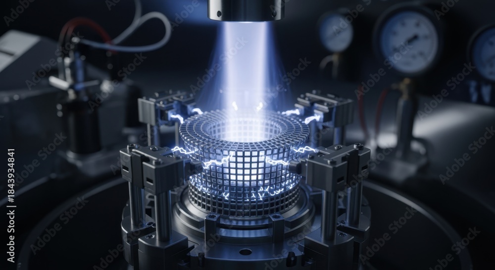 Fototapeta premium Highresolution detail of ion thruster electrode assembly firing within a simulated space vacuum chamber highlighting propulsion design.