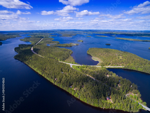 Aerial view of islands and eskers on Vuoma lake north of Kuusamo, Finland