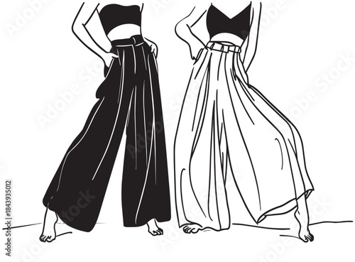 Fashion illustration. Girl in wide pants. Sketch