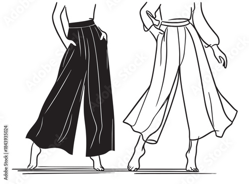 Fashion illustration. Girl in wide pants. Sketch