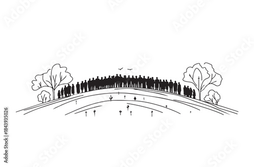 Abstract silhouette sketch black flat funeral crowd. Funeral ceremony